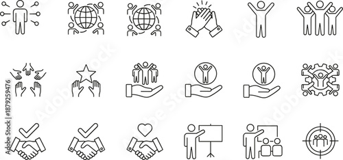 Teamwork and collaboration line icons set featuring people support community leadership partnership trust success outline vector collection