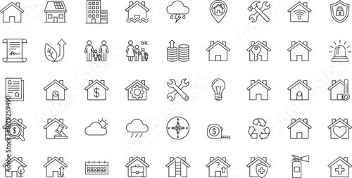 Real estate home service line icons set featuring property insurance security maintenance smart house outline vector collection residential housing