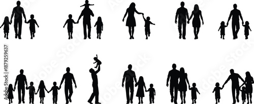 Happy family silhouettes set showing parents and children walking holding hands together black figures isolated on white background vector illustration