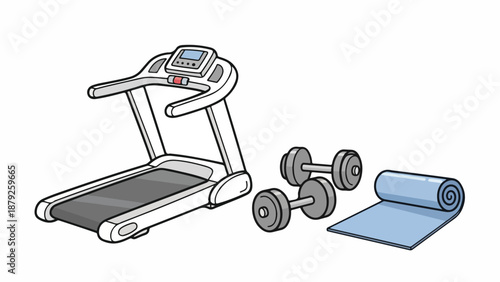 Illustration of a treadmill, dumbbells, and yoga mat for fitness and exercise on a white background.