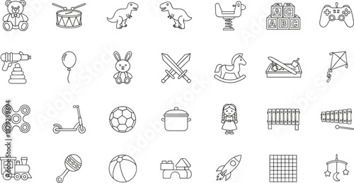 Kids toys line icons set featuring educational games animals instruments sports space play elements outline vector collection
