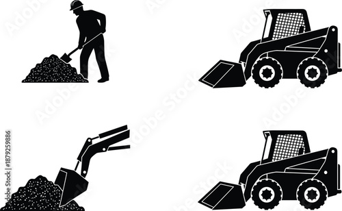 Construction work silhouettes featuring laborer and skid steer loader digging soil excavation heavy equipment black icons isolated on white background