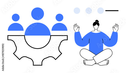 Collaboration, leadership, teamwork, self-care, meditation, mindfulness. Group of people with gear icon and a meditating person. Teamwork and self-care concepts are highlighted