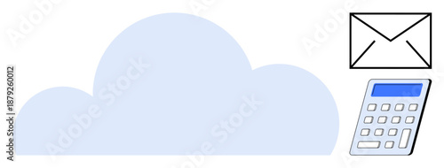 Cloud storage, digital communication, data management, online tools, virtual collaboration, finance. A cloud, envelope and calculator connectivity. Cloud storage and digital communication concept