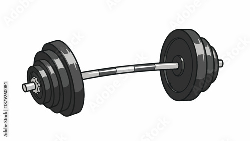 Illustration of a dumbbell with stacked weights on a chrome barbell against a white background.