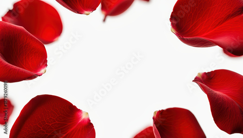 Red rose petals framing a blank space on a white background  