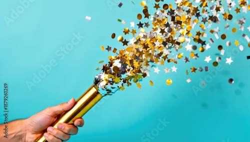 Hand holding a confetti cannon releasing colorful stars  