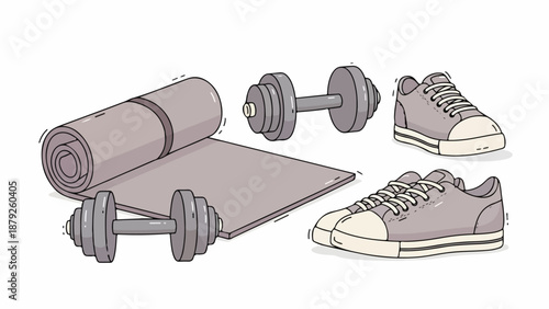 Illustration of a yoga mat, dumbbells, and sneakers arranged together on a plain white background in a monochromatic color scheme.