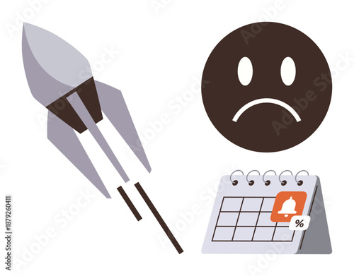 Deadline stress, missed opportunities, project failure, time management, productivity loss, financial impact. Rocket icon, sad face and calendar. Deadline stress and missed opportunities concept