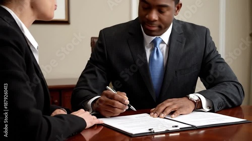 Two people in suits review a document, one prepares to sign with a pen