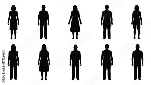 Silhouettes of people in various poses isolated on white background, Vector