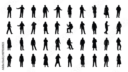 Collection of silhouetted human figures in various poses isolated on white background, Vector