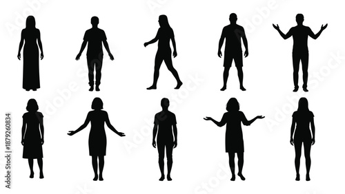 Silhouettes of people in various poses isolated on white background, Vector