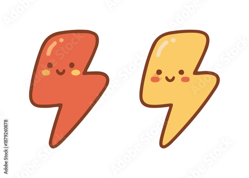 Cute smiling lightning bolt characters, red and yellow electric flash mascots vector illustration.