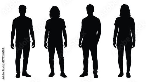 Silhouettes of four individuals isolated on white background, Vector