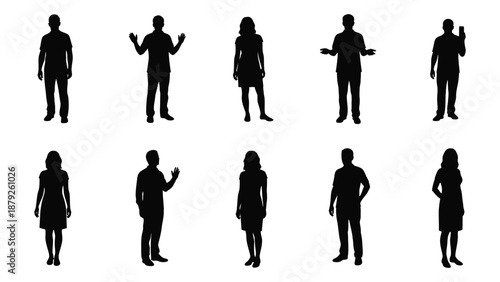 Silhouettes of people in various poses isolated on white background, Vector