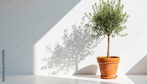 Olive tree in pot casting shadow on minimalist wall  
