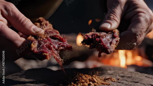 Hands Crumbling Jerky Near Campfire, Outdoor Cooking Adventure Prep