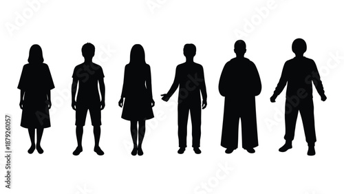 Silhouettes of five people isolated on white background, Vector