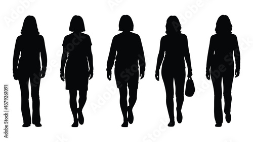 Silhouettes of five women walking isolated on white background, Vector