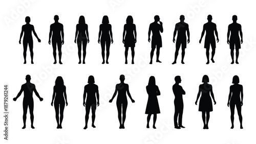 Silhouettes of various human figures isolated on white background, Vector