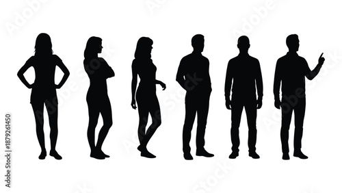Silhouettes of six individuals isolated on white background, Vector