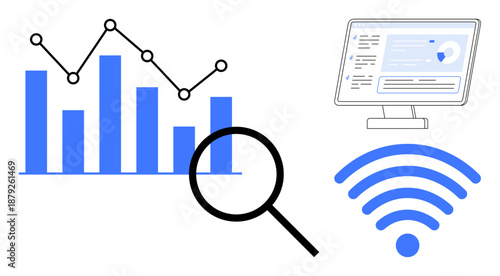 Data analysis, internet research, technology tools, online connectivity, digital innovation, business insights. Graphs with magnifying glass, screen and wireless signal. Data analysis and internet