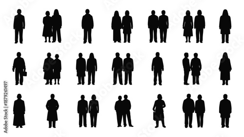 Silhouettes of people in various groupings isolated on white background, Vector