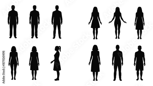 Silhouettes of various individuals isolated on white background, Vector