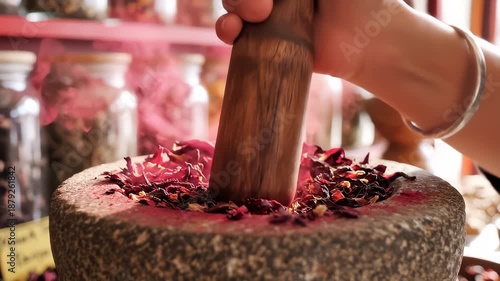 Person Grinding Hibiscus Flowers in Mortar With Pestle at Market