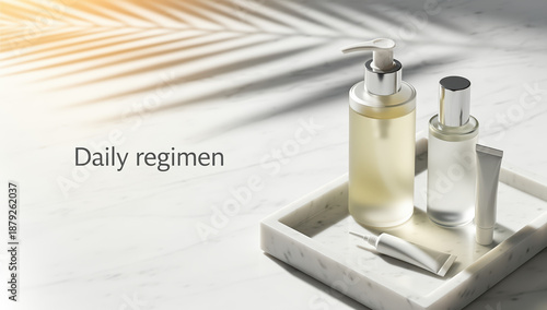 Skincare products arranged on a marble tray with soft shadows  