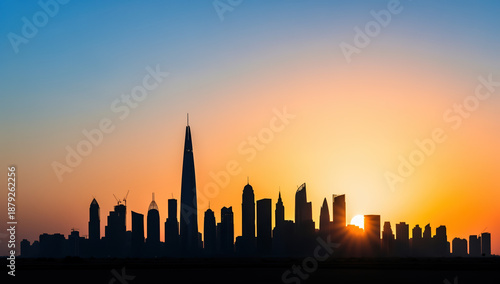Urban skyline silhouette during sunset with vibrant colors  