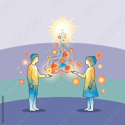 Interconnectedness: People sharing energy and ideas under a bright sun