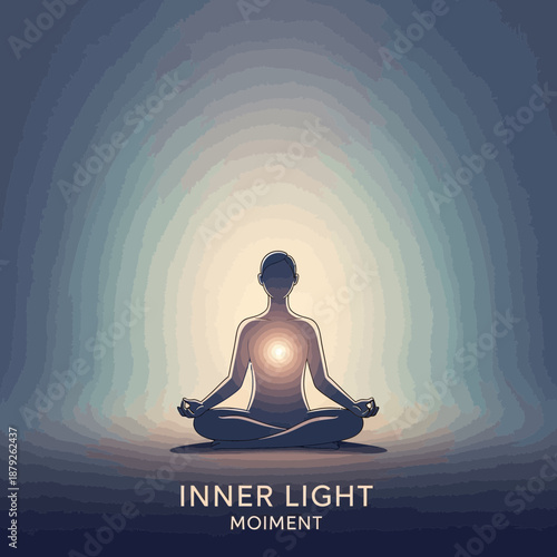 Person meditating in lotus pose, inner light glowing, spiritual journey