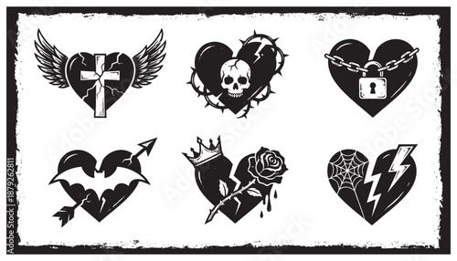 edgy black heart tattoo illustrations featuring designs like a winged cross, skull with thorns, locked heart with chains, bat wings, crowned heart with a rose, and a broken lightning heart