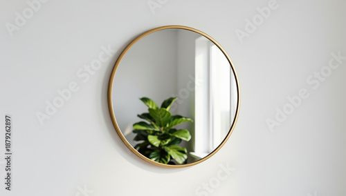 Round mirror reflecting a green plant against a white wall  