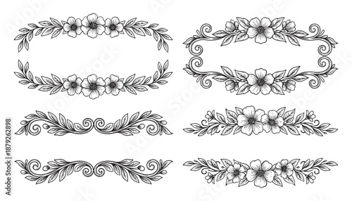 vintage baroque frame collection containing a rectangular floral border, a circular leaf wreath, a decorative divider, and a corner element in a detailed black ink etching style.