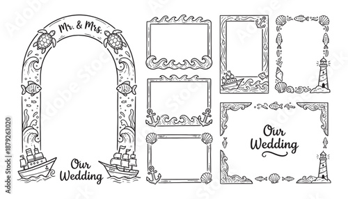 wedding illustration set featuring a large archway with ships and turtles, and various frames adorned with waves, anchors, and lighthouses in a sketch style.