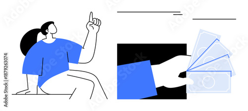 Woman seated, raising finger in thought or idea gesture, paired with hand holding cash. Ideal for education, innovation, financial decisions, startup, investment creativity management. Simple flat