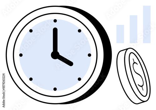 Time and money concept. Time management and money growth illustrated with clock, coin, and bar graph. Time and money productivity, savings, and financial well-being. For finance, productivity