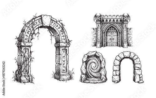 fantasy illustration set depicting four distinct stone arches and gateways, including a rune-inscribed ruin, a sturdy wooden castle door, a magical swirling portal, and a crumbling stone entrance