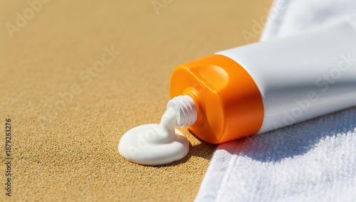 Sunscreen lotion squeezed from tube on sandy beach towel  