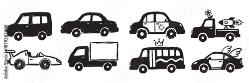 illustration set displaying different types of doodle transportation vehicles including cars, trucks, a school bus, a taxi, and imaginative rocket-carrying or winged vehicles