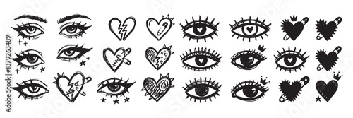 illustration set featuring various stylized eyes with prominent lashes and different heart designs, including broken hearts with safety pins and crowned hearts, rendered in a tattoo-flash sketch style