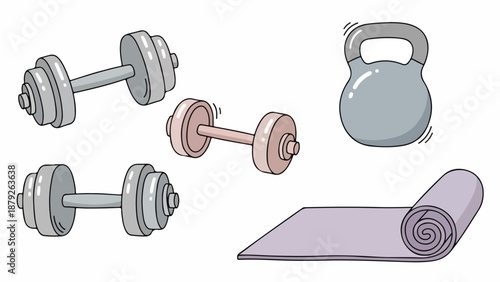 Illustration of fitness equipment including dumbbells kettlebell and yoga mat on white background with pastel colors.