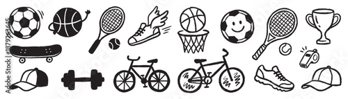 Set of hand drawn doodle icons featuring various sports equipment balls and accessories.