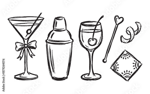Set of hand drawn doodle icons featuring cocktail glass shaker and bar tools.