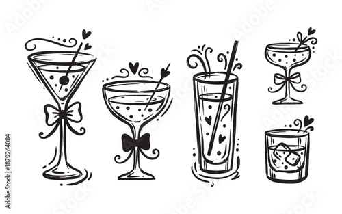 Set of hand drawn doodle illustrations depicting various cocktail drinks with garnishes.