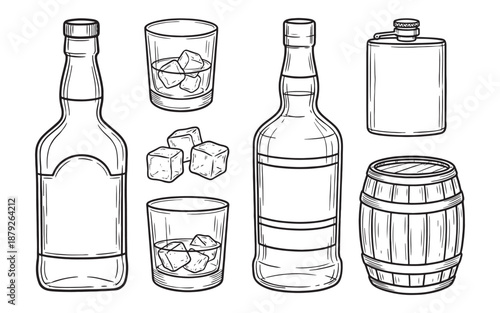Set of hand drawn illustrations depicting alcohol bottles whiskey glass barrel and flask.