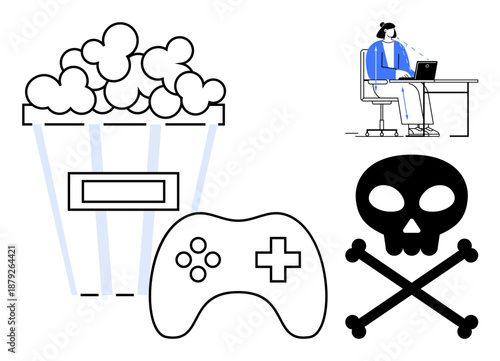 Gaming cybersecurity. Gaming risks with a controller, popcorn, and a skull piracy and data breaches. A hacker concept highlights online safety concerns. Perfect for cybersecurity, gaming, piracy